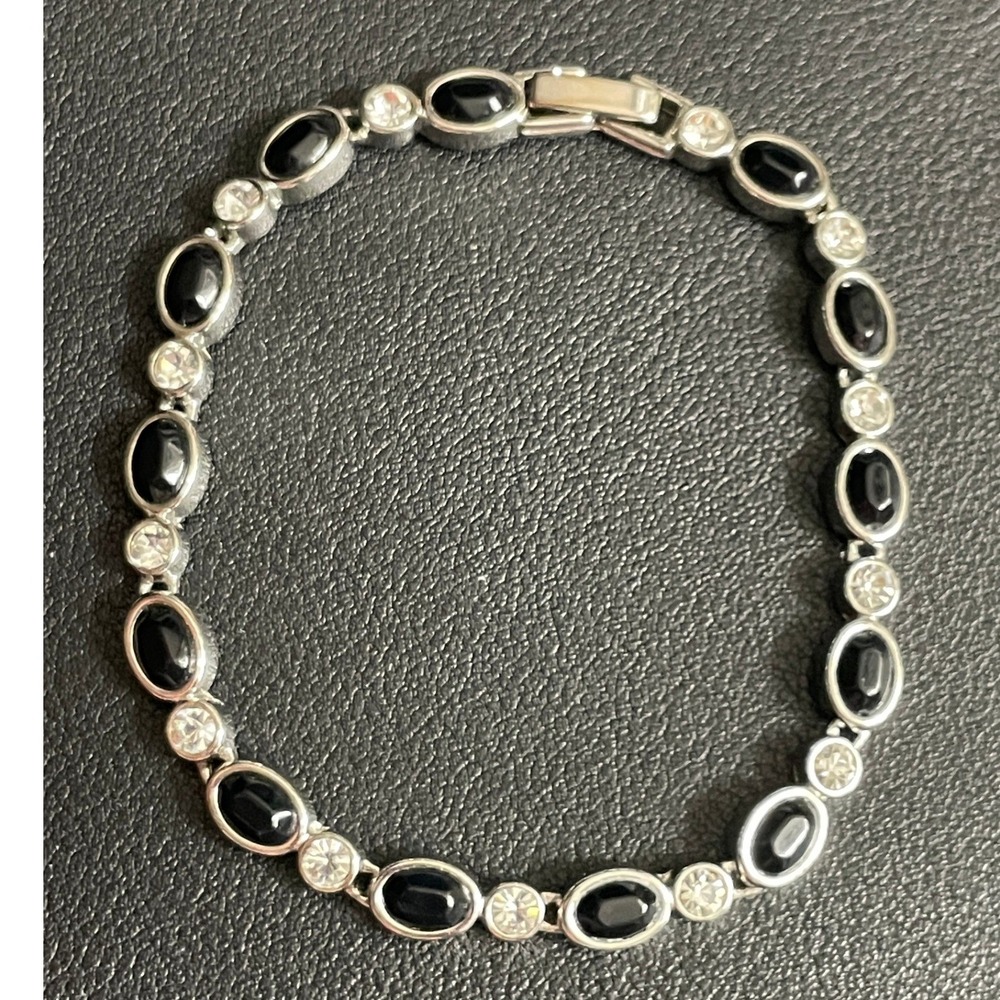 Rhinestone Bezel Tennis Bracelet Monochrome Silver Tone Black Cabochon Link 7"